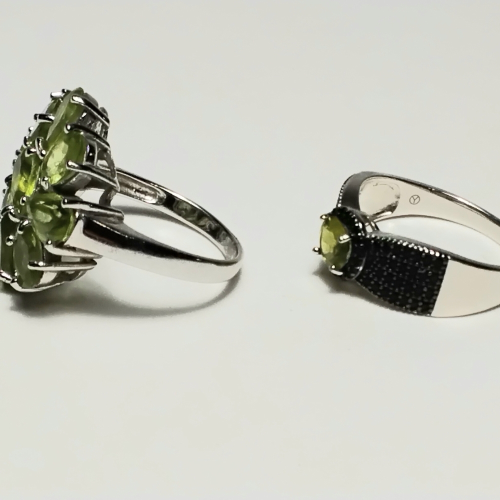 2 Green Peridot Rings Sz 8-1/2 & 8-3/4 925 Silver Marcasite - Picture 2 of 10
